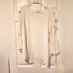 C Cream Blouse Womens Small Lace Up Sleeve Ruffle Cuff Textured Top